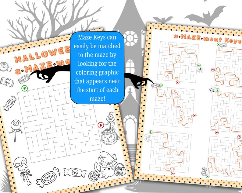 Pode incluir: Duas folhas de atividades de labirinto com tema de Halloween. As folhas apresentam labirintos com doces e gr&aacute;ficos assustadores. O texto nas folhas inclui "Halloween a.MAZE.me" e "a.MAZE-ment Keys". Uma caixa azul explica como combinar as chaves do labirinto.