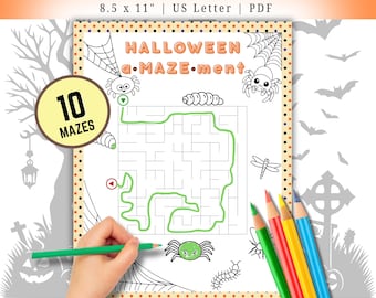 Halloween Maze Printable Set for Kids: Coloring Pages & Answer Key (PDF Download)