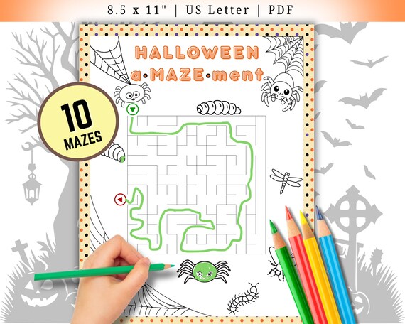 Halloween Maze Printable Set for Kids: Coloring Pages & Answer Key (PDF Download)