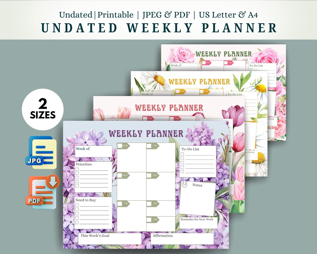 Floral Undated Weekly Planner Flower Themed: US Letter, A4, PDF, JPEG ...