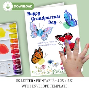 May include: A greeting card with the text "Happy Grandparents Day" and butterfly illustrations. The card is 4.25 x 5.5 inches and includes the phrase "...sending my love to you on tiny wings." A watercolor palette is in the image.