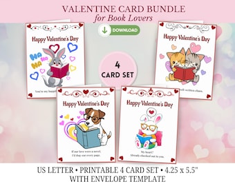 Valentines Cards for Book Lovers, Librarians: 4 Printable Bookish Valentine's Day (PDF)