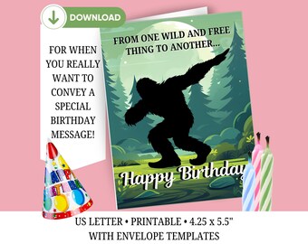 Carte d'anniversaire Bigfoot drôle : carte de voeux imprimable Sasquatch (téléchargement numérique A2, modèle d'enveloppe inclus)