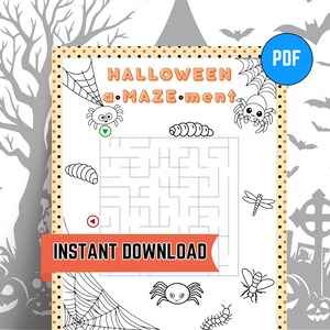 Pode incluir: Uma folha de atividades de labirinto com tema de Halloween em preto e branco com o texto "HALLOWEEN a.MAZE.ment" e "DOWNLOAD INSTANT&Acirc;NEO". O labirinto apresenta ilustra&ccedil;&otilde;es de aranhas, teias e outros gr&aacute;ficos relacionados ao Halloween. Um c&iacute;rculo azul com "PDF" est&aacute; no canto superior direito.