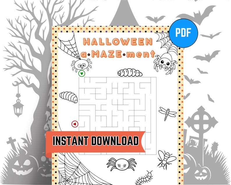 Pode incluir: Uma folha de atividades de labirinto com tema de Halloween em preto e branco com o texto "HALLOWEEN a.MAZE.ment" e "DOWNLOAD INSTANT&Acirc;NEO". O labirinto apresenta ilustra&ccedil;&otilde;es de aranhas, teias e outros gr&aacute;ficos relacionados ao Halloween. Um c&iacute;rculo azul com "PDF" est&aacute; no canto superior direito.