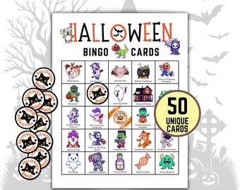 Halloween Bingo Game: 50 Unique Cards, Kids Party Activity (PDF Download