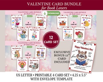 Book Lover Valentine Cards, Printable Bundle Pack Bookish Puns (PDF)