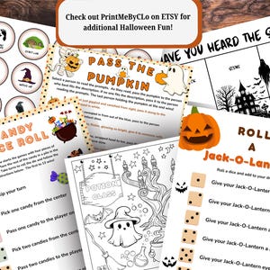 Pode incluir: Uma cole&ccedil;&atilde;o de jogos e atividades imprim&iacute;veis com tema de Halloween. Inclui um jogo "Passa a Ab&oacute;bora", um jogo "Candy Dice Roll", um jogo "Roll a Jack-O-Lantern" e p&aacute;ginas para colorir. O texto "Check out PrintMeByCLo on Etsy for additional Halloween Fun!" &eacute; vis&iacute;vel.