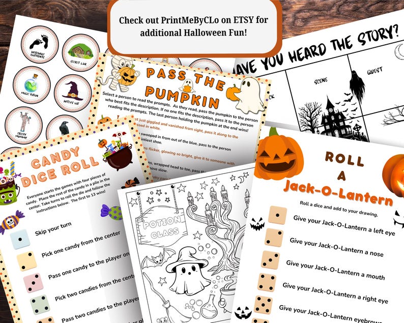 Pode incluir: Uma cole&ccedil;&atilde;o de jogos e atividades imprim&iacute;veis com tema de Halloween. Inclui um jogo "Passa a Ab&oacute;bora", um jogo "Candy Dice Roll", um jogo "Roll a Jack-O-Lantern" e p&aacute;ginas para colorir. O texto "Check out PrintMeByCLo on Etsy for additional Halloween Fun!" &eacute; vis&iacute;vel.
