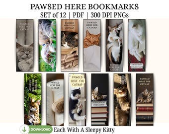 Cat Bookmarks Set: Sleepy Kitten You Pawsed Here Design (PDF and PNG Digital Download)