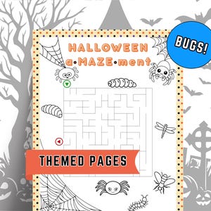 Pode incluir: Uma p&aacute;gina de atividades de labirinto com tema de Halloween com o texto "HALLOWEEN a.MAZE.ment" e "THEMED PAGES". A p&aacute;gina apresenta ilustra&ccedil;&otilde;es de aranhas, uma lagarta, uma lib&eacute;lula e uma abelha. Um c&iacute;rculo azul diz "BUGS!"