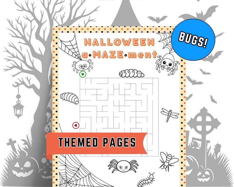 Pode incluir: Uma p&aacute;gina de atividades de labirinto com tema de Halloween com o texto "HALLOWEEN a.MAZE.ment" e "THEMED PAGES". A p&aacute;gina apresenta ilustra&ccedil;&otilde;es de aranhas, uma lagarta, uma lib&eacute;lula e uma abelha. Um c&iacute;rculo azul diz "BUGS!"