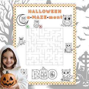 Pode incluir: Uma folha de atividades de labirinto com tema de Halloween com as palavras "HALLOWEEN a.MAZE.ment" e a palavra "BOO" com uma ab&oacute;bora esculpida. O labirinto apresenta ilustra&ccedil;&otilde;es de corujas e uma crian&ccedil;a sorrindo segurando uma ab&oacute;bora esculpida.