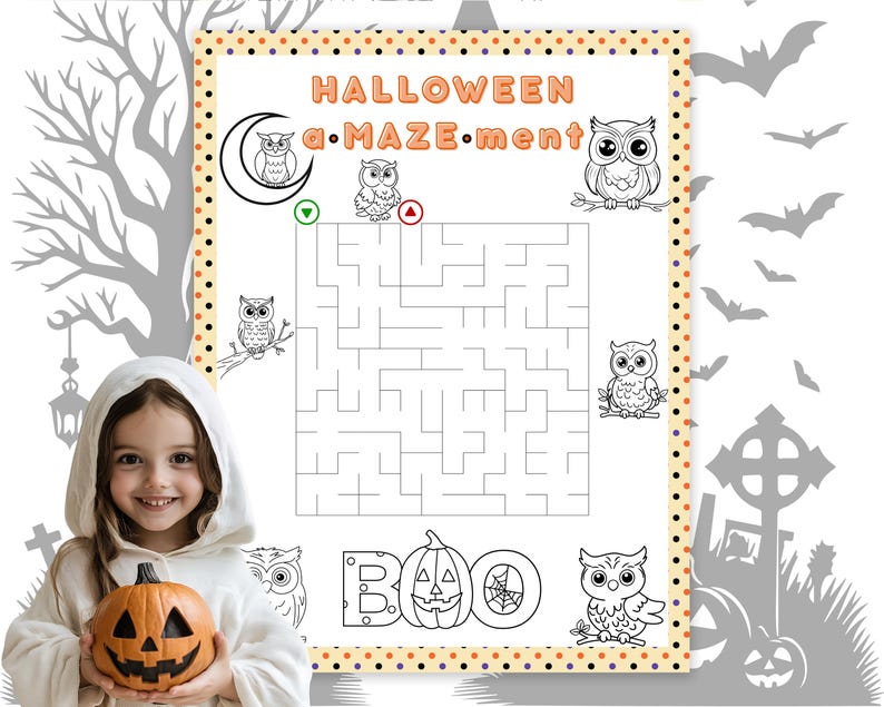 Pode incluir: Uma folha de atividades de labirinto com tema de Halloween com as palavras "HALLOWEEN a.MAZE.ment" e a palavra "BOO" com uma ab&oacute;bora esculpida. O labirinto apresenta ilustra&ccedil;&otilde;es de corujas e uma crian&ccedil;a sorrindo segurando uma ab&oacute;bora esculpida.