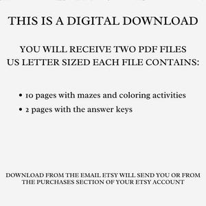 Pode incluir: Texto em fundo branco: "THIS IS A DIGITAL DOWNLOAD". Detalhes de dois arquivos PDF, tamanho carta americana, com labirintos, atividades de colorir e chaves de resposta. Instru&ccedil;&otilde;es de download tamb&eacute;m inclu&iacute;das.