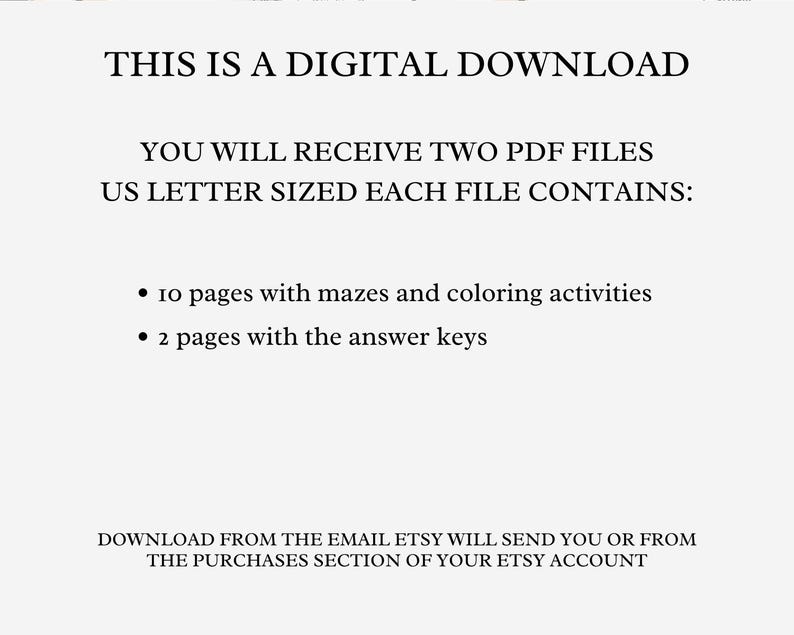 Pode incluir: Texto em fundo branco: "THIS IS A DIGITAL DOWNLOAD". Detalhes de dois arquivos PDF, tamanho carta americana, com labirintos, atividades de colorir e chaves de resposta. Instru&ccedil;&otilde;es de download tamb&eacute;m inclu&iacute;das.