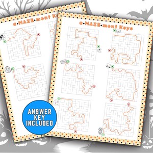Pode incluir: Duas folhas de atividades de labirinto com tema de Halloween com labirintos laranja, ilustra&ccedil;&otilde;es em preto e branco e o texto "a-MAZE-ment Keys". Um c&iacute;rculo azul com o texto "ANSWER KEY INCLUDED" tamb&eacute;m &eacute; vis&iacute;vel. As folhas t&ecirc;m uma borda decorativa.