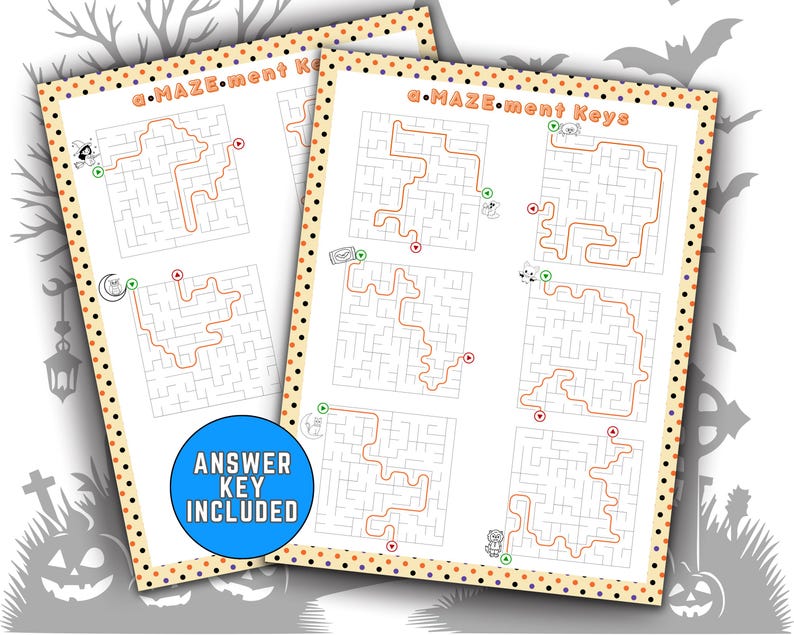 Pode incluir: Duas folhas de atividades de labirinto com tema de Halloween com labirintos laranja, ilustra&ccedil;&otilde;es em preto e branco e o texto "a-MAZE-ment Keys". Um c&iacute;rculo azul com o texto "ANSWER KEY INCLUDED" tamb&eacute;m &eacute; vis&iacute;vel. As folhas t&ecirc;m uma borda decorativa.