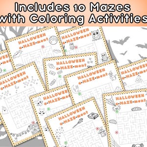 Pode incluir: Dez folhas de atividades de labirinto com tema de Halloween com atividades de colorir. Cada folha apresenta um labirinto com ilustra&ccedil;&otilde;es de Halloween, como morcegos, corujas e aranhas. O texto "Halloween a-maze-ment" &eacute; impresso em cada folha.