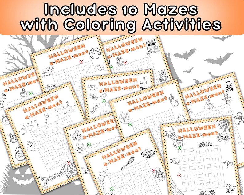Pode incluir: Dez folhas de atividades de labirinto com tema de Halloween com atividades de colorir. Cada folha apresenta um labirinto com ilustra&ccedil;&otilde;es de Halloween, como morcegos, corujas e aranhas. O texto "Halloween a-maze-ment" &eacute; impresso em cada folha.