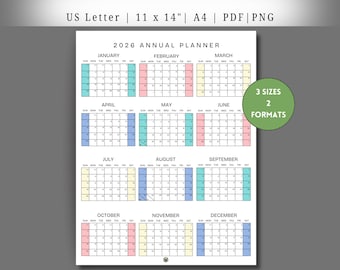 2026 Annual Planner Printable: Minimalist light pastel theme, PDF, PNG, A4, 11x14, US Letter