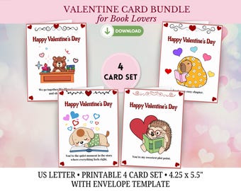 Valentines Cards for Book Lovers, Librarians: 4 Printable Bookish Valentine's Day (PDF)