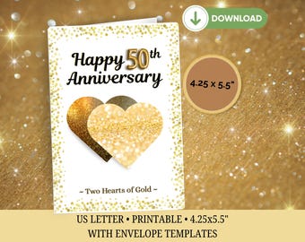 Printable 50th Anniversary Card: Golden Hearts Design (Digital Download)