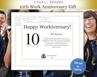 Editable 10th Work Anniversary Certificate: Printable Office Award (Canva Template Digital Download)