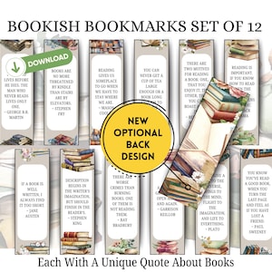 May include: A set of 12 rectangular bookmarks featuring various literary quotes and illustrations of stacked books. Each bookmark has a light background with distinct text and colorful book graphics. A circular overlay displays a new optional back design.