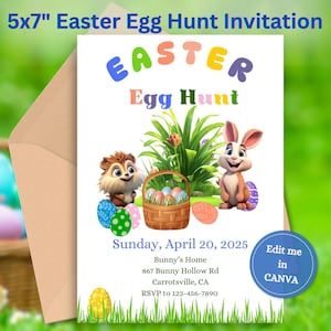 May include: A 5x7 inch invitation for an Easter egg hunt. The invitation features a colorful Easter egg design with the words "Easter Egg Hunt" in a playful font. The invitation also includes the date and time of the event, the location, and an RSVP number.