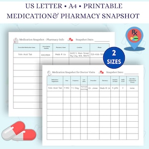 May include: Printable medication and pharmacy snapshot templates in US Letter and A4 sizes. The forms include sections for medication details, pharmacy information, and doctor visit records. The image also shows a pharmacy location pin and two red and white capsules.