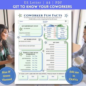 May include: A blue and green themed coworker fun facts sheet. The sheet includes sections for personal information, preferences, and a "This or That" section. The text "Edit me in CANVA" is visible in the bottom right corner.