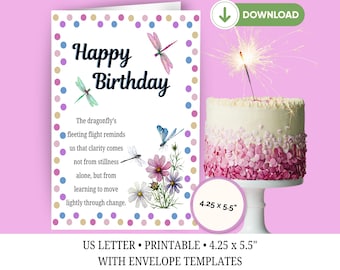 Printable Dragonfly Birthday Card: Philosophical Nature Design (PDF Template A2 Size)