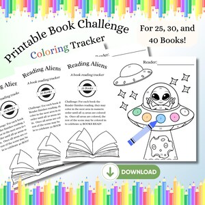 May include: Printable coloring book tracker for kids to color in as they read.  The tracker features three different designs: a spaceship with an alien, a stack of books, and a stack of books.  The text on the page reads "Printable Book Challenge for 25, 30, and 40 Books!" and "Coloring Tracker".