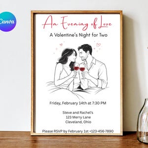 Puede incluir: Invitación enmarcada para el Día de San Valentín con el texto "An Evening of Love" y una ilustración en blanco y negro de una pareja brindando con copas de vino. La invitación incluye detalles del evento e información de RSVP.