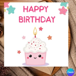 Gelukkige verjaardagskaart, gelukkige verjaardag cupcake kaarten, schattige cupcake wenskaarten, bewerkbare cupcake kaart, 5x5 Gelukkige verjaardagskaart, Digitaal delen