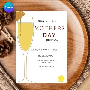 Invitation au brunch de la fête des mères Modèle numérique modifiable Invitation personnalisée au brunch Mimosa E-invitation 105 x 128 mm Imprimable instantanément DIY