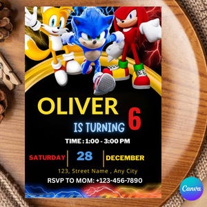 Carte d'anniversaire Sonic Carte d'invitation modifiable Sonic Anniversaire de Sonic The Hedgehog Invitation d'anniversaire Sonic Knuckles Invitation garçons et filles