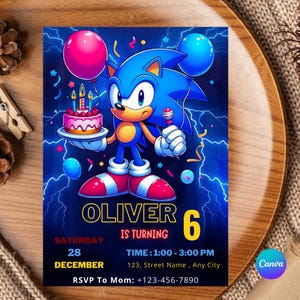 Invitation d'anniversaire Sonic, carte d'anniversaire Sonic, invitation à une fête Sonic modifiable, invitation numérique Hérisson, modèle Canva Super Sonic