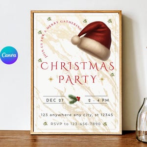 Puede incluir: Una invitación enmarcada para una fiesta de Navidad con una ilustración de un gorro de Papá Noel. La invitación incluye el texto "Christmas Party" en rojo, con la fecha, hora e información de RSVP. El fondo tiene un efecto de mármol.