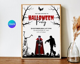 Può includere: Un invito a una festa di Halloween incorniciato. L'immagine presenta un pipistrello, rami di alberi e illustrazioni di un vampiro e uno zombie. Il testo recita "YOU ARE INVITED TO HALLOWEEN Party" con la data e l'ora.