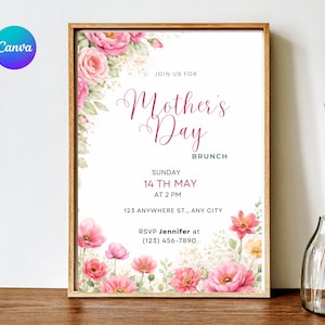 Puede incluir: Una invitación enmarcada para un brunch del Día de la Madre con detalles florales. La invitación presenta el texto "Mother's Day Brunch" en una fuente de escritura, junto con la fecha, la hora y la información de RSVP. Flores rosas y amarillas adornan las esquinas.
