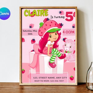 May include: A framed pink birthday party invitation featuring a cartoon strawberry girl. The invitation includes the name "Claire", the number "5", the date, time, and address. The design incorporates strawberries and a pink bear.