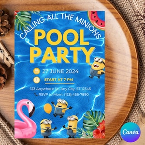 Puede incluir: Una vibrante invitación a una fiesta en la piscina con un fondo de agua azul y texto amarillo que dice "POOL PARTY". La invitación presenta personajes de Minions, un flamenco rosa y la fecha y hora del evento.