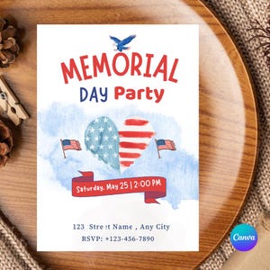 Invitation à la fête du Memorial Day | Invitation Coeur Drapeau USA Aquarelle | Modèle patriotique rouge blanc bleu | Téléchargement de Canva modifiable