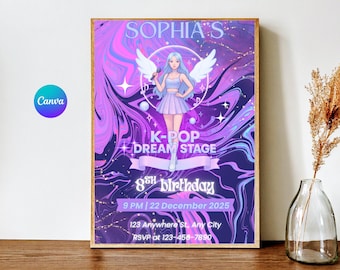 Bewerkbare K-Pop verjaardagsuitnodiging sjabloon | Neonpaarse Pop Idol-feestuitnodiging | Canva digitale download