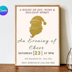 Puede incluir: Un cartel enmarcado con temática navideña con una ilustración dorada de Papá Noel y texto. El texto dice "A Night of Joy, Wine & Holiday Spirit" y "An Evening of Cheer". El evento es el sábado 23 a las 21:00. RSVP Jennifer.