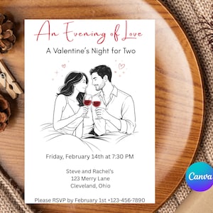 Puede incluir: Una tarjeta de invitación del Día de San Valentín con el texto "An Evening of Love" y "A Valentine's Night for Two". La tarjeta presenta una ilustración en blanco y negro de una pareja brindando con copas de vino. La invitación incluye la fecha, la hora y el lugar.