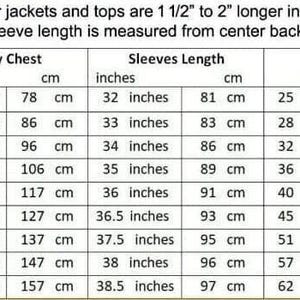 May include: Size chart for jackets and tops with measurements in inches and centimeters. The chart includes sizes XS to 5XL and lists measurements for chest, sleeve length, and waist.