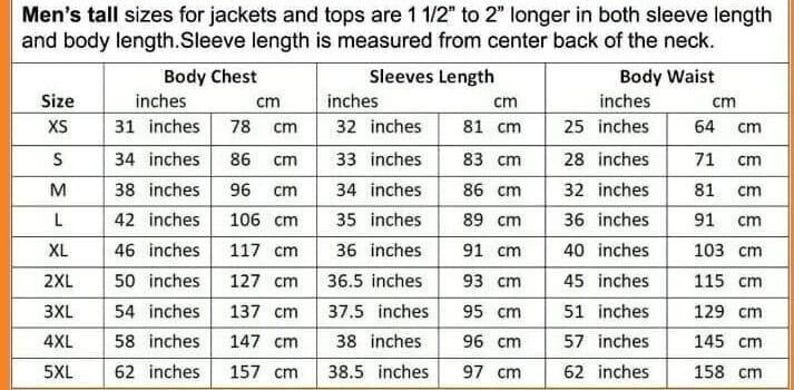 May include: Size chart for jackets and tops with measurements in inches and centimeters. The chart includes sizes XS to 5XL and lists measurements for chest, sleeve length, and waist.